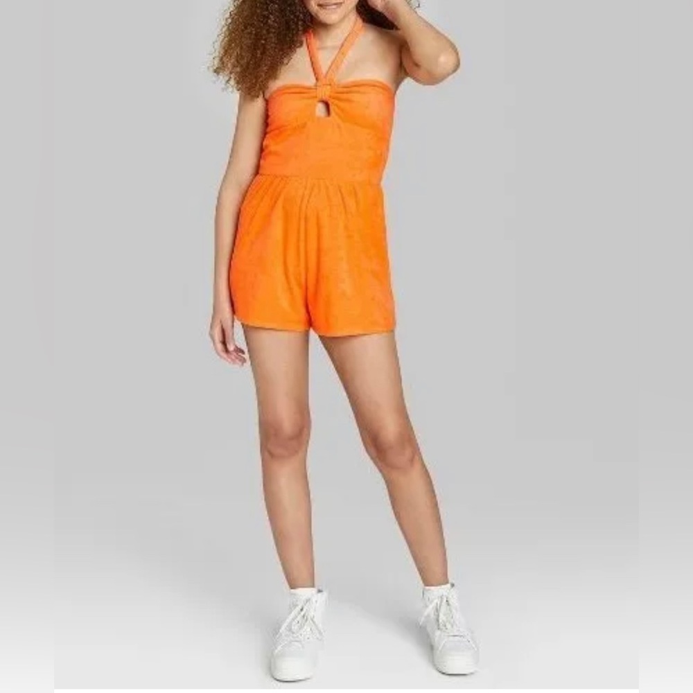 Wild Fable Women's Sleeveless Halter Tie Neck Terry Towel Romper Orange S